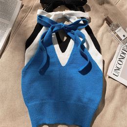 Vest Kids Girls Summer Halter Knitted Tank Tops Arrival Teenage Girls Solid Knitted Sling Tops Children Short Crop Tops Blue 230625