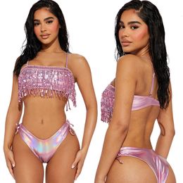 Women's Swimwear Women Fashion Blingbling Sequined Tassel Strapless Crop Top and Panties Matching Two 2 Piece Set Beach Bikinis Set 2023 230625