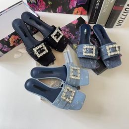 Slippers Women's 2023 Summer Crystal Rhinestone Square Button Denim Casual Lazy One Word With Open Toe Flat Heel Sandals