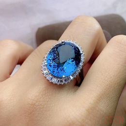 Cluster Rings Jewellery 925 Silver Light Luxury Ring Daily Wear 12x16mm Natural London Blue Topaz Stone Sterling Gem