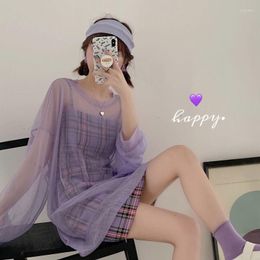 Work Dresses 2023 Single / Suit Two-piece Female Purple Plaid Sling Dress Mesh Sunscreen Shirt Student Y2K Korean Fashion