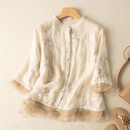 Women's Blouses Luxury Fashion Embroidered Ramie Tops For Women 3/4 Sleeve Cotton And Linen Splice Mesh Shirt Chinese Style Blusas 2023