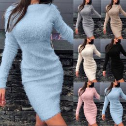 Women Solid Bodycon Mini Jumper Dress Long Sleeve Party Sweater Knitted Dresses