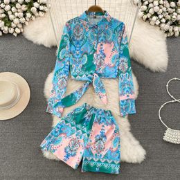 Women's Tracksuits Fashion Retro Long-sleeved Single-breasted Printed Twist Knot Shirt High Waist Thin Wide Leg Shorts Two-piece Set