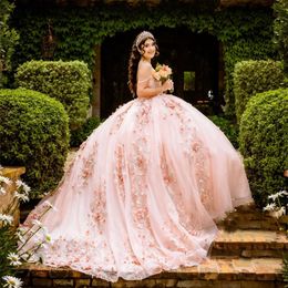 Pink Quinceanera Dresses Ball Gown Appliques Beaded 3DFlower Spaghetti Strap Sweet 16 Dress Party Gown Vestidos De 15 Anos