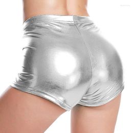 Women's Shorts Silver Metallic Rave Booty Summer Mid Waist Sexy Smooth Faux Leather Party Show Costume Clubwear