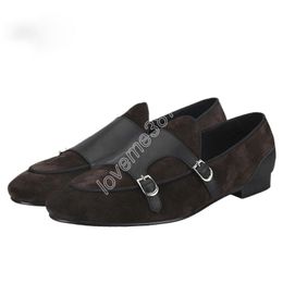 Handmade Double-Monk Belgian Loafers Dark Brown Suede Patchwork Black Calfskin Men Smoking Slippers Slip-On Moccasins