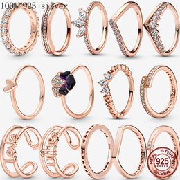 925 Sterling Silver Rings For Women Original Pandora Love Heart Engagement Wedding Ring Rose Gold Crystals Luxury Charm Jewelry