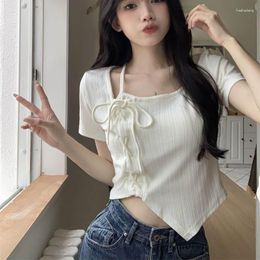 Women's T Shirts Halter Crop Top Y2k Irregular Women Shirt Korean Style Short Sleeve Tees Female Tshirt Solid Summer T-shirt Slim Clothes