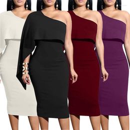 Casual Dresses Simple Pure Colour Skew Neck Long Sleeve Skinny Midi Dress Sexy Tight Club Party Lady Fashion Sheath