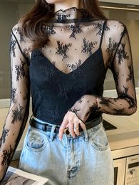 Women's T Shirts Women Long Sleeve See-through Lace T-Shirts High Stretchy Black Tops Girl Embroideried Floral Tee Tshirt