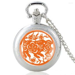 Pocket Watches Chinese Style Paper Cut Pig Design Vintage Quartz Watch Men Women Glass Dome Pendant Necklace Hours Clock Gifts