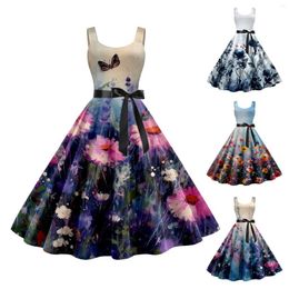 Casual Dresses Vintage Cocktail For Women Sleeveless Knee Length Retro A Line Flared Swing Formal Prom Print Party Dress