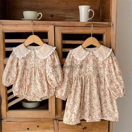 2023 Twin Sister Matching Wear Clothes for Kids Girls Newborn Babies Floral Bodysuits Flower Print Midi Dress Children Outerwear L230625