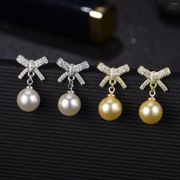 Stud Earrings Korean Version Temperament Simulation Natural Freshwater Pearl Shell Full Diamond Bow Tie Ear Girl