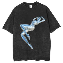 Metal Female Robot Print T-shirt Washable Old Men's High Street Fashion Brand Short Sleeve T-shirt Wide