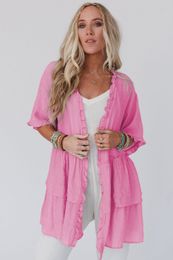 Nya ankomst grossist Ruffled Trim Half Sleeve Cardigan Open Front Kimonos Ladies Blouse AST2641897