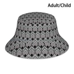 Berets Art Deco . Grey And Black. Bucket Hat Sun Cap Black Geometric Waves Abstract Textured Lines Shapes Brimless