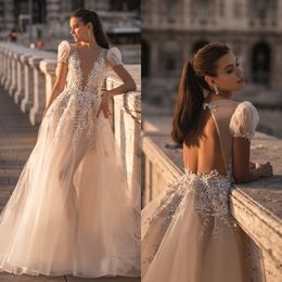 Berta A Line Dresses For Bride Illusion Plunging V Neck Backless Wedding Dress Vestidos De Novia Sequins Appliques Designer Bridal Gowns