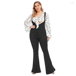 Tracksuits Plus Size Women 2 Piece Set Polka Dot Lattern Full Sleeve Lace Up Crop Top Blouse Suspender Skinny Flare Pants Two Pieces Suit