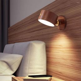 Wall Lamp Modern Simple Solid Wood LED Cordless Sconce 360° Rotating Dimmable Wooden Magnetic Bedside Light Rechargeable