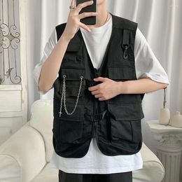 Men's Vests Stylish Men Cargo Vest Zipper Waistcoat Multi Pockets Chain Decor Match Pants