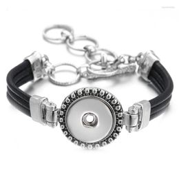 Charm Bracelets Snap Jewelry Black Leather Bracelet Bangle Fit 20MM 18MM Snaps Buttons Metal Button Raym22