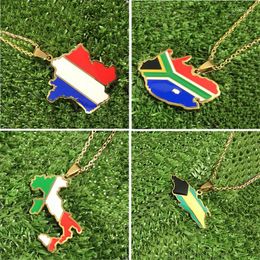 Chains France Flag Map Necklace For Women Trendy Jamaica Italy South Africa National Pendant Choker Stainless Steel Chain Jewelry