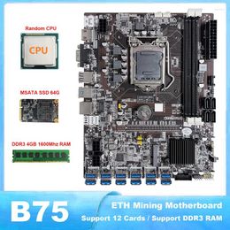 Motherboards B75 ETH Mining LGA1155 Motherboard 12 PCIE To USB With Random CPU MSATA SSD 64G (Black)