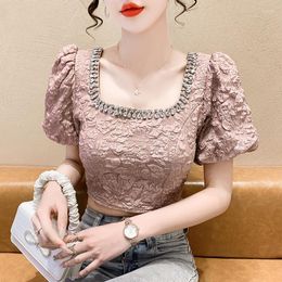 Women's T Shirts 2023 Summer European Clothes Short T-Shirt Women Sexy Square Neck Shiny Diamonds Tops Puff Sleeve Bowknot Lace Up Tees