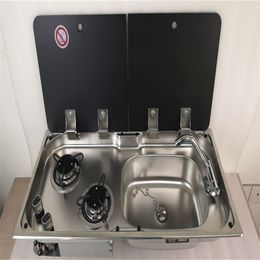 2 Burner Gas Stove Sink Combo 2 Glass Lids 775*365*150/120mm Boat RV GR-904RD