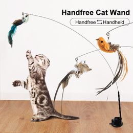 Cat Toys Handfree BirdFeather Cat Wand with Bell Powerful Suction Cup Interactive Toys for Cats Kitten Hunting Exercise Pet Products 230625