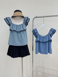 Women's Blouses ShirtSummer Women Korean Fashion Shirt Denim Ruffle Design Blouse Crop Tops Streetwear 2000s Aesthetic Sexy Gyaru Mori Girl