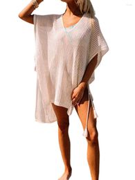 Women's T Shirts Argeousgor Women S Summer Casual Bikini Cover Up Solid Colour Short Sleeve V Neck Knit Hollow Beachwear White One Size