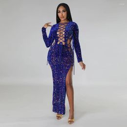 Casual Dresses Women Sexy Long Sleeve Backless Hollow Out Dress Side Split Bandage Bodycon Lace Up Robe Sparkle Sequined Party Club