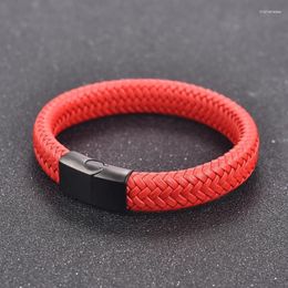 Charm Bracelets Men's Leather Bracelet Red Stainless Stain Magnetic Clasp Fashion Bangles 18.5/22/20.5cm Raym22