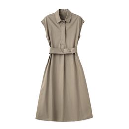 2023 Summer Gray Solid Color Waist Belted Dress Sleeveless Lapel Neck Buttons Knee-Length Casual Dresses W3L049507