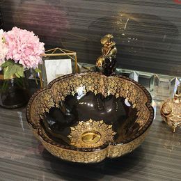 Flower shape Jingdezhen factory directly ceramic hand painted wash basin bathroom sinks black with gold patterngood qty Oiotd