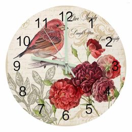 Wall Clocks Vintage Letter Red Bird Flower Retro Luminous Pointer Clock Home Ornaments Round Silent Living Room Office Decor