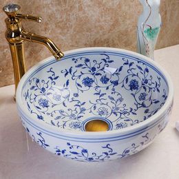 Rose blue white Ceramic Art Basin Sink Europe Vintage Style Counter Top Wash Basin Bathroom Sinks vanities china wash hand basin Vtkte