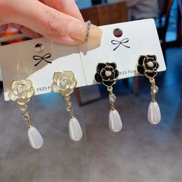 mill price luxury women's female's rhinestone dangler Camellia flower studs lady punk exaggerated long pearls drop earrings eardrop 2colors