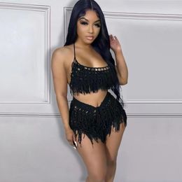 Women's Tracksuits Spring 2023 Summer Nightclub Style Sexy See-through Knitted Hand Crochet Tassel Beach Shorts Suit Girl