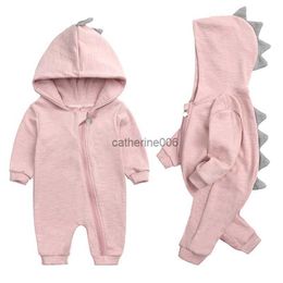 2023 Spring Kids Tales Newborn Baby Romper Suit Solid Hooded Dino Boys Girls Romper Cotton Babywear 4 Colours L230625