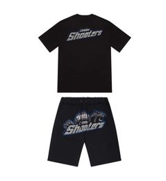 Summer new Trapstar London shooter short t shirt suit chenille decoding black ice Flavour 2.0 men's round neck T-shirt shorts Design of motion 57ess