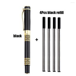4Pcs Business Roller Ball Pen Metal Ink Gold Carving Black Wood Signature Stationery Office School Writing Ballpoint