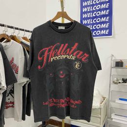 men and women Hellstar Studios American Small Eyes Gazing Print Washed Old Men's and Women's Loose Short Sleeve T-shirt