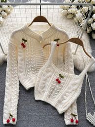 Women's Knits YornMona Japanese Y2K Cardigans Two Piece Sets Women Autumn Fashion Cherry Design Sweaters Tops