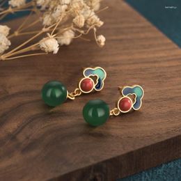 Stud Earrings Creative Design For Women China Style Enamel Colour Copper Gold Plated Retro Dark Green Jade Bead Jewellery