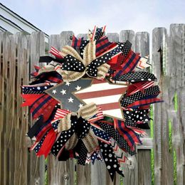 Decorative Flowers Wooden Wreath American Patriotic Star Welcome Plaque For Front Door Wall Decor 2023