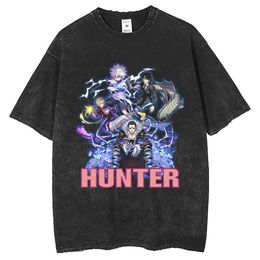 Full time Hunter Anime Print Breathable Cotton T-shirt Short sleeved Washable Old Edging Craft Loose